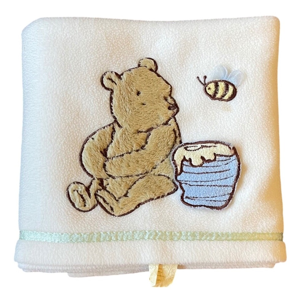 Disney Classic Pooh Bear Hunny Honey Pot white Green Plush Baby Blanket fleece